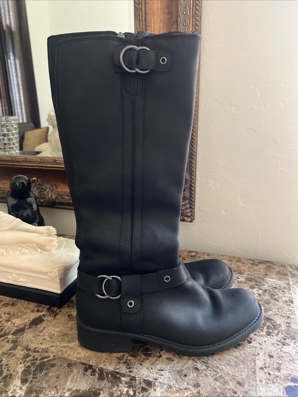 Clarks Black Leather Knee-High Riding Boots with Buckle Detail
